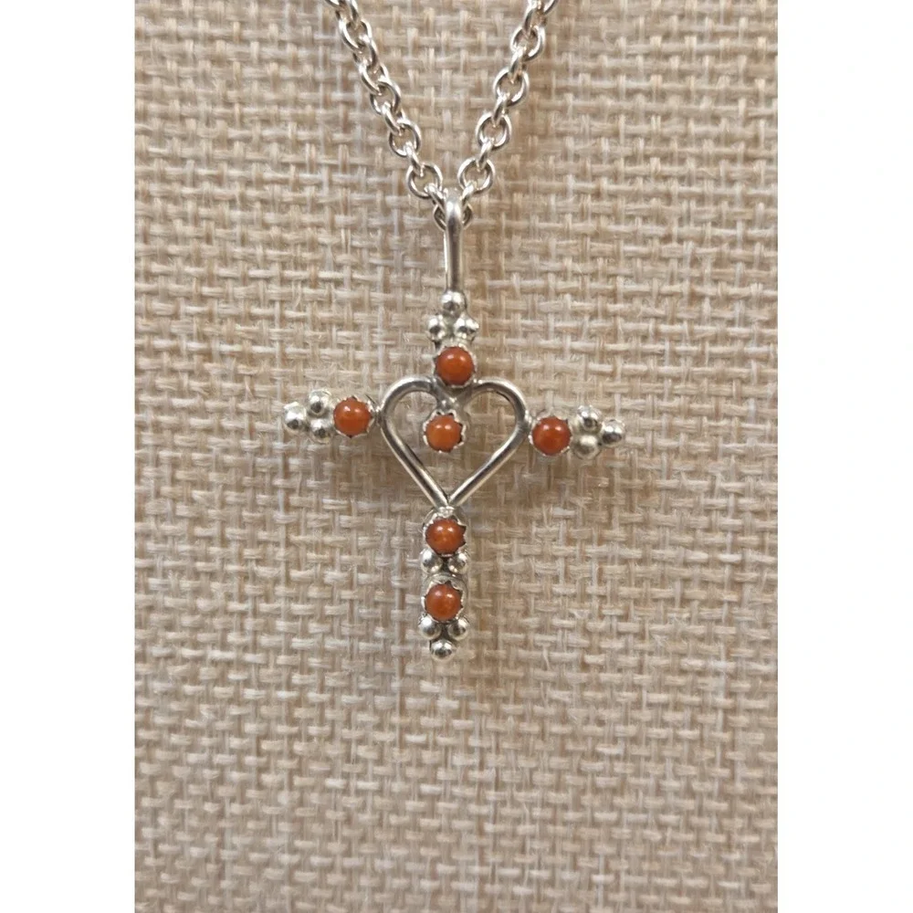 Cynthia Elliot Sterling Silver 2 Sided Turquoise Red Coral Heart Cross Necklace